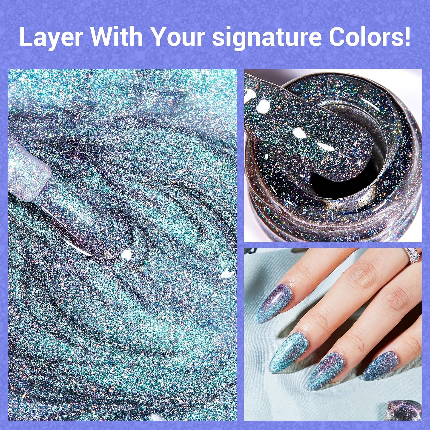 Glamonade Cat Eye Magnetic Gel Nail Polish: 15ml 9D Holographic Rainbow Gel Polish Blue Purple Shimmer Iridescent Holographic Gel Polish Glitter UV LED Reflective Salon DIY Home Nail Art Manicure