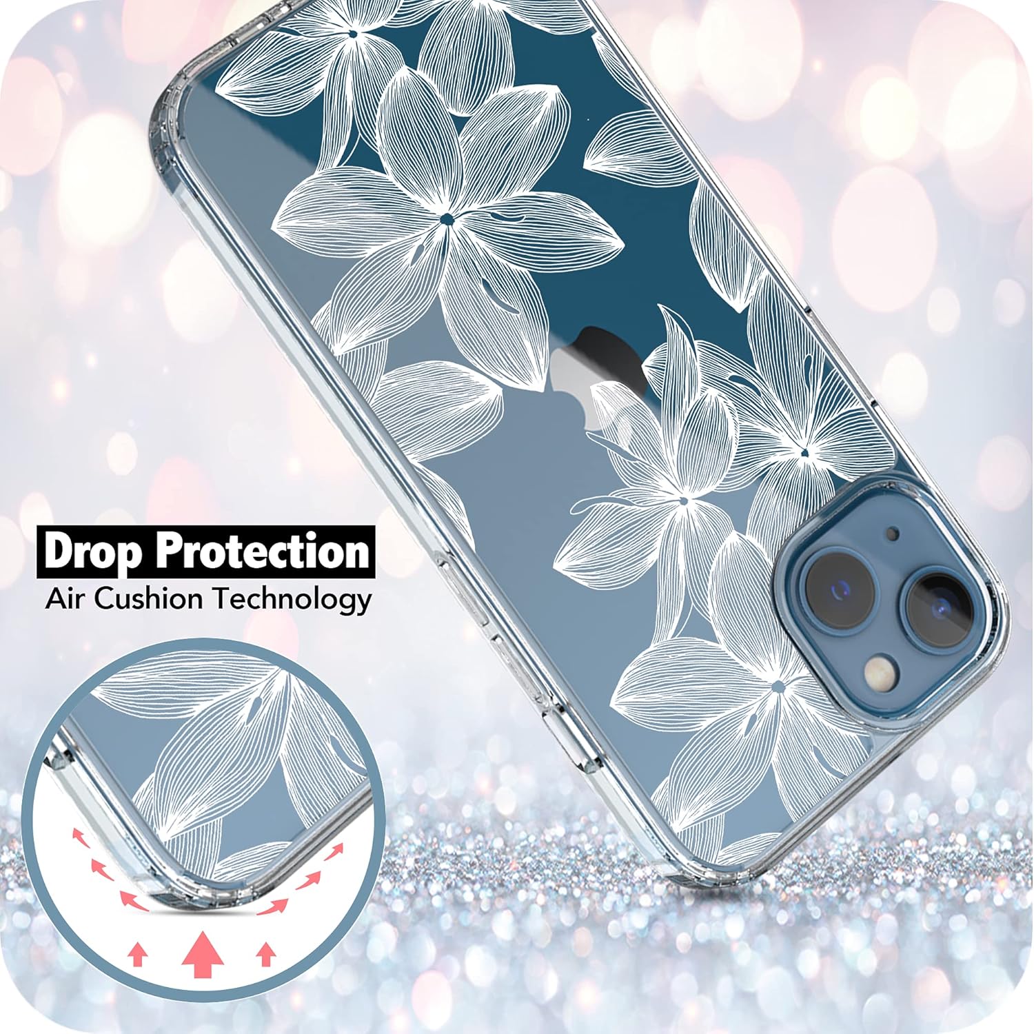 RANZ Compatible with iPhone 13 Case, Anti-Scratch Shockproof Series Clear Hard PC+ TPU Bumper Protective Cover Case for iPhone 13 (6.1") - White Flower - Image 6