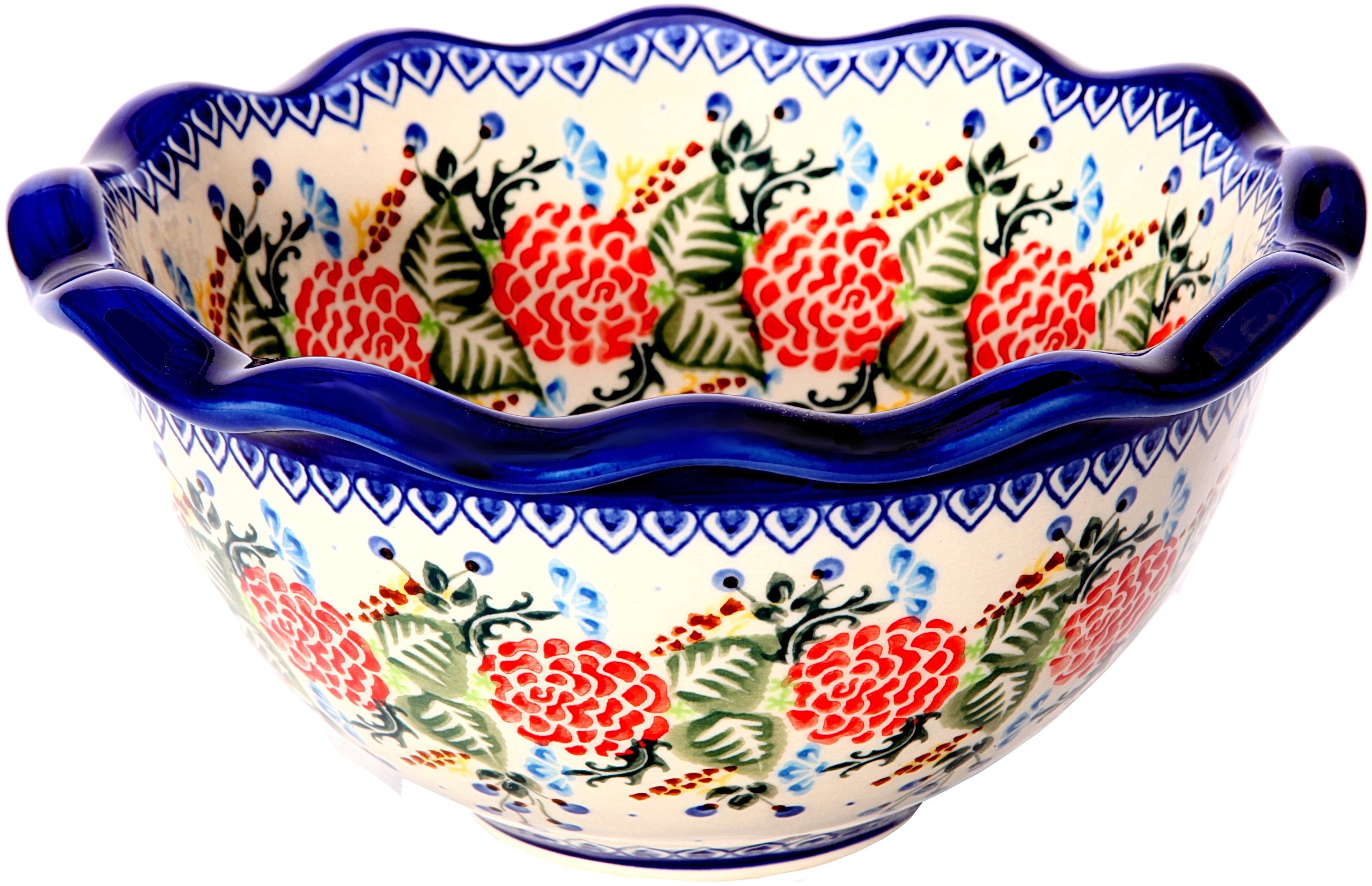 Polish Pottery Ceramika Boleslawiec 0413/280 Royal Blue Patterns with Red Rose Motif Bowl Fala, Small