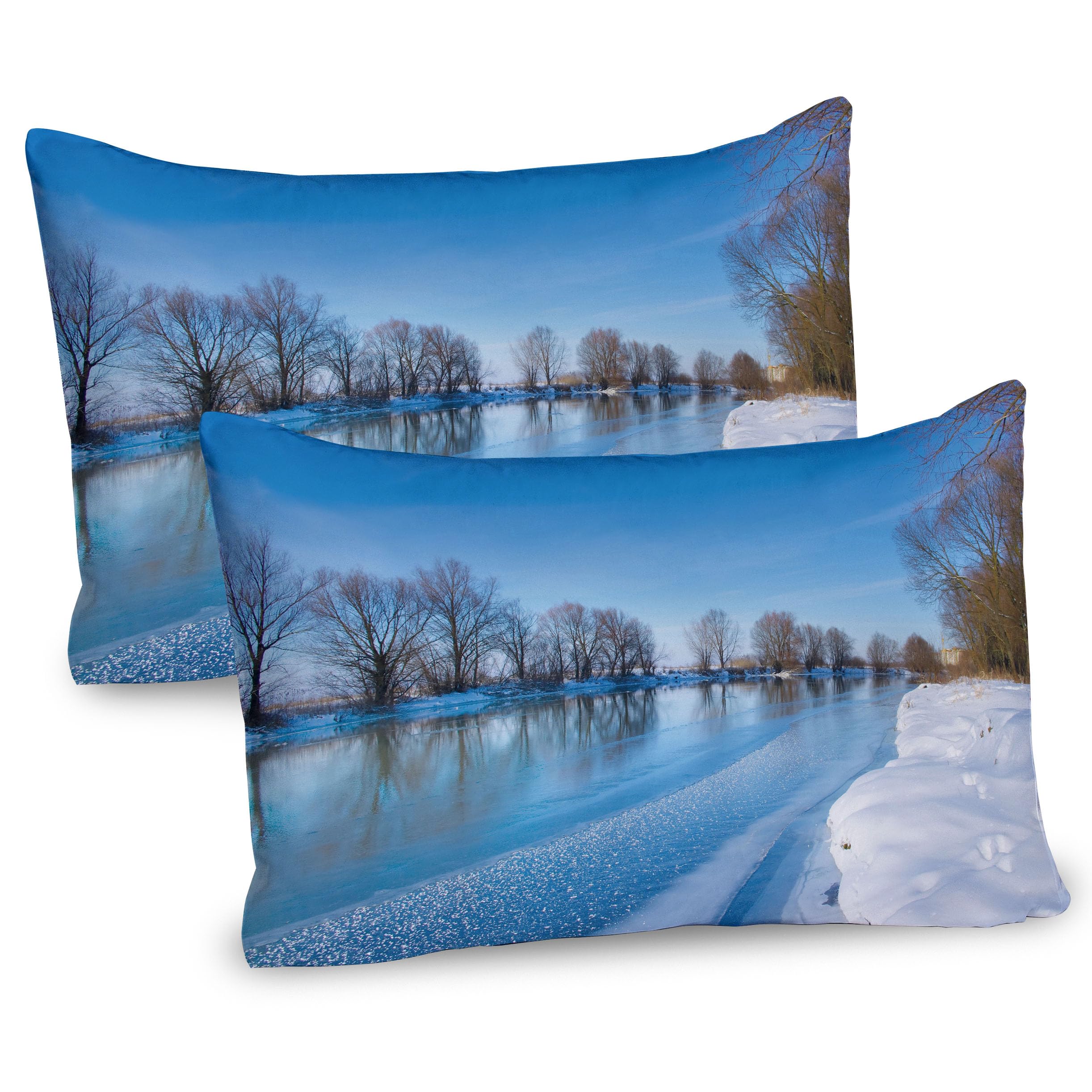 Ambesonne Winter Pillow Sham Set of 2, Snow Covered Frozen Winter with Clear Open Sky Photograph Seasonal Image Print, Quality Microfiber Bedding Item for All Seasons, 36