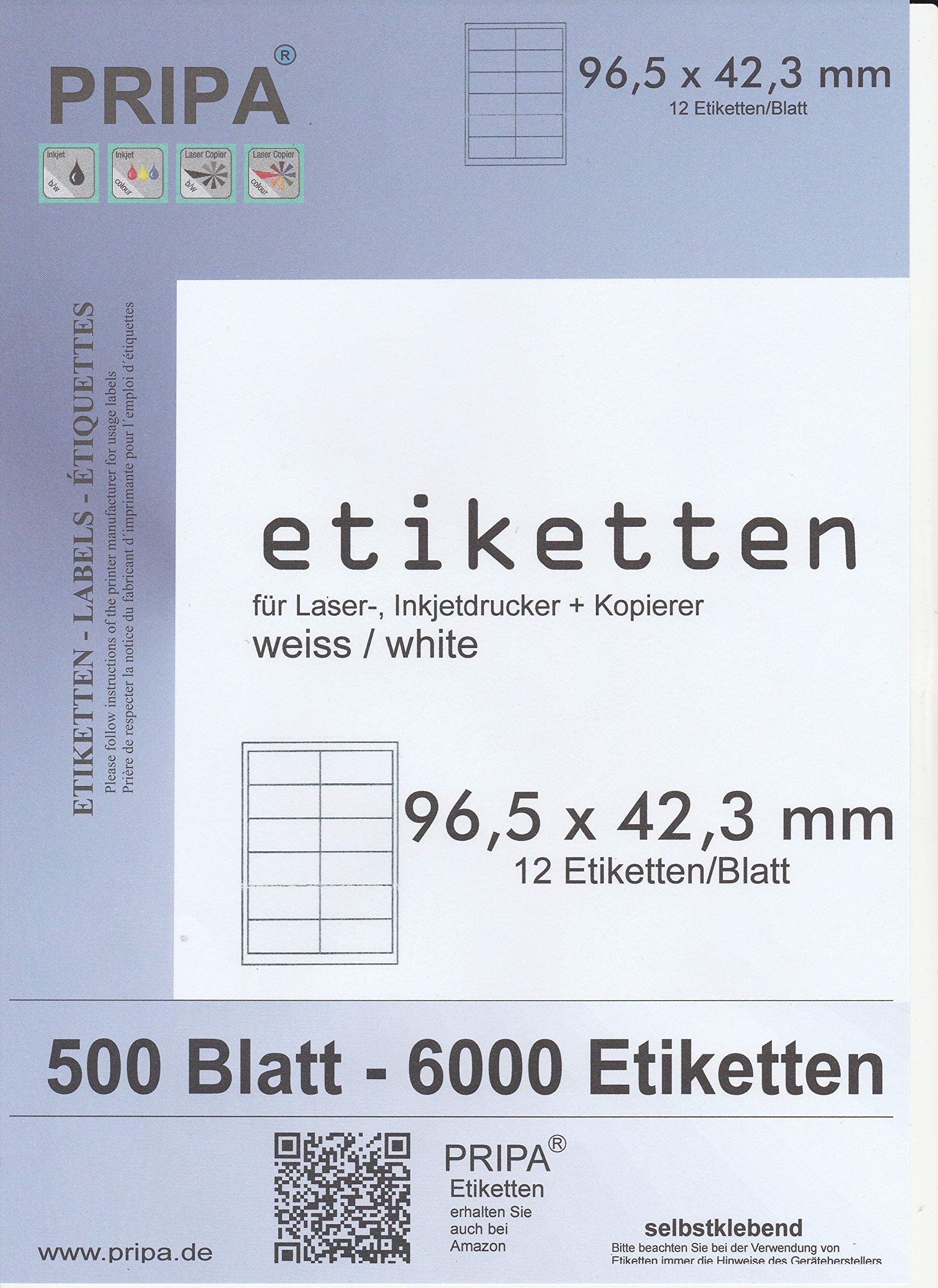 pripa Etikettenformat 96,5 x 42,3 mm 500 Blatt Großpackung A4 - selbstkelbende bedruckbare Etiketten (500)