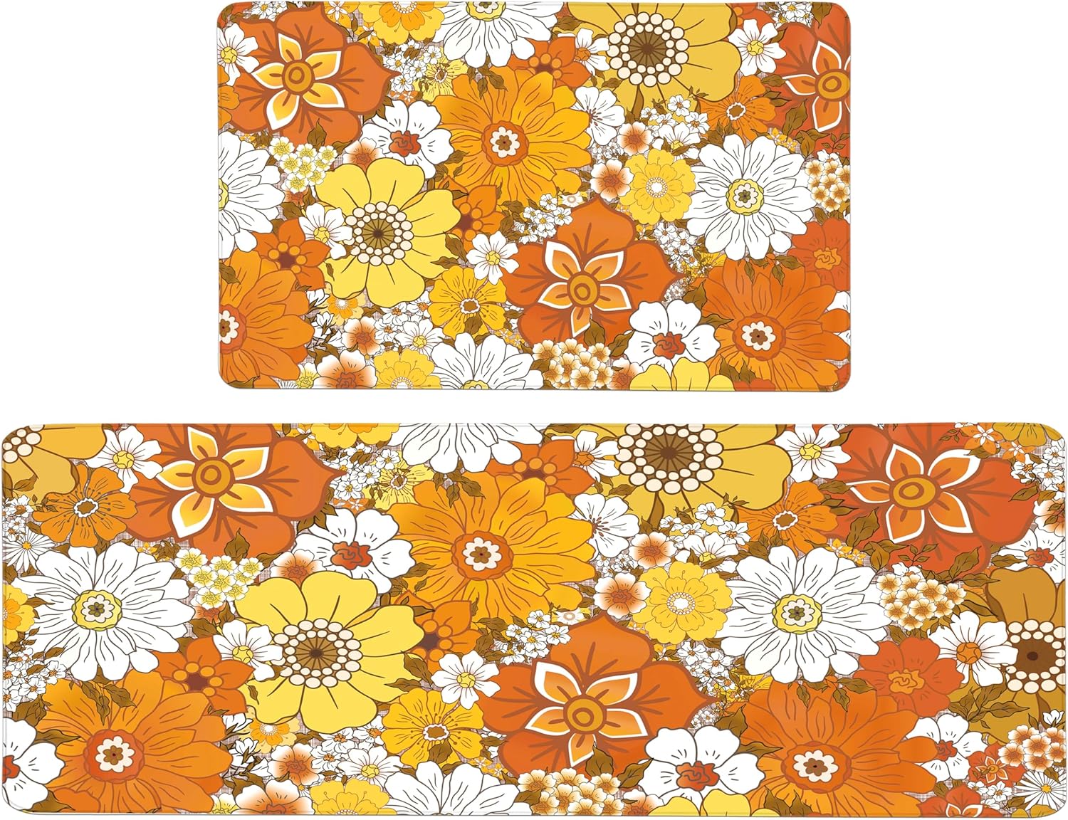 Fall Orange Kitchen Rugs Mats [2 Pcs] Farmhouse Boho Floral