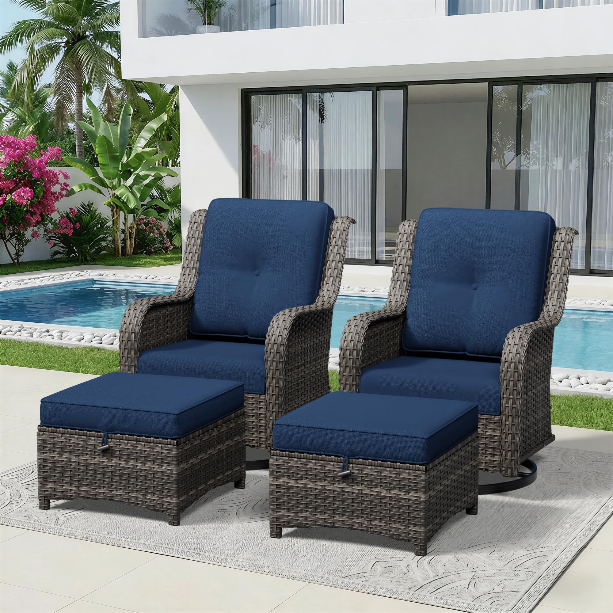 4 Piece Outdoor Wicker Patio Furniture Set, Outdoor Swivel Rocker Patio Chairs Set with Thickened Olefin Cushions, High Back and Deep Seating, Hand-Woven PE Rattan, Ottoman for Porch, Deck