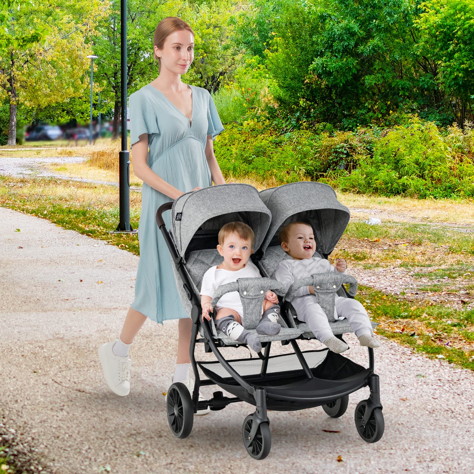 COSTWAY Geschwisterwagen klappbar, Zwillingswagen mit verstellbarer Rückenlehne, Fußstütze & Baldachin, Reisebuggy für Baby bis 3 Jahre (Grau)