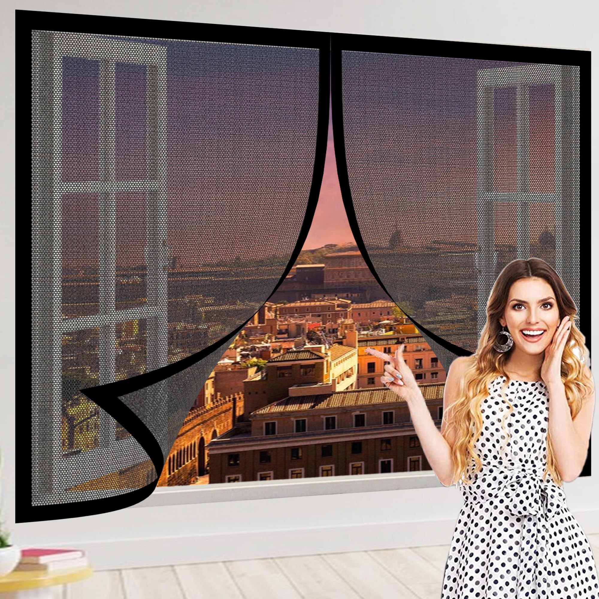 Window Fly Screen 145 x 165 cm Selfadhesive Tape Insect Mesh Mosquito Net Window Easy Installation for Living Room Bedroom Offfice, Black