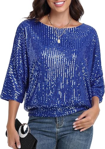 PrettyGuide Sequin Tops for Women Glitter Blouse Party Shirt Cut Out 3/4 Sleeve 