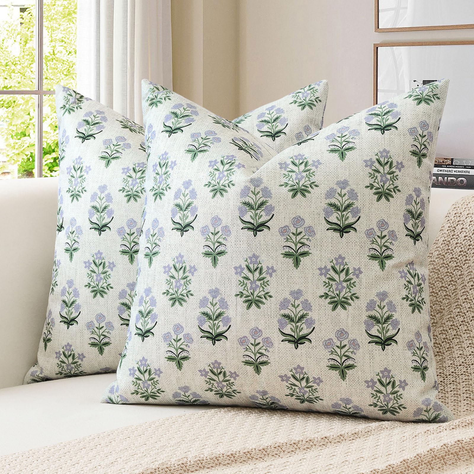 JOTOM Blue Green Floral Cushion Covers 50x50 cm Set of 2 Double Sided Vintage Flower Printed Pillow Covers Farmhouse Decorative Throw Pillow Cases for Couch Sofa Bedroom (Blue Green)