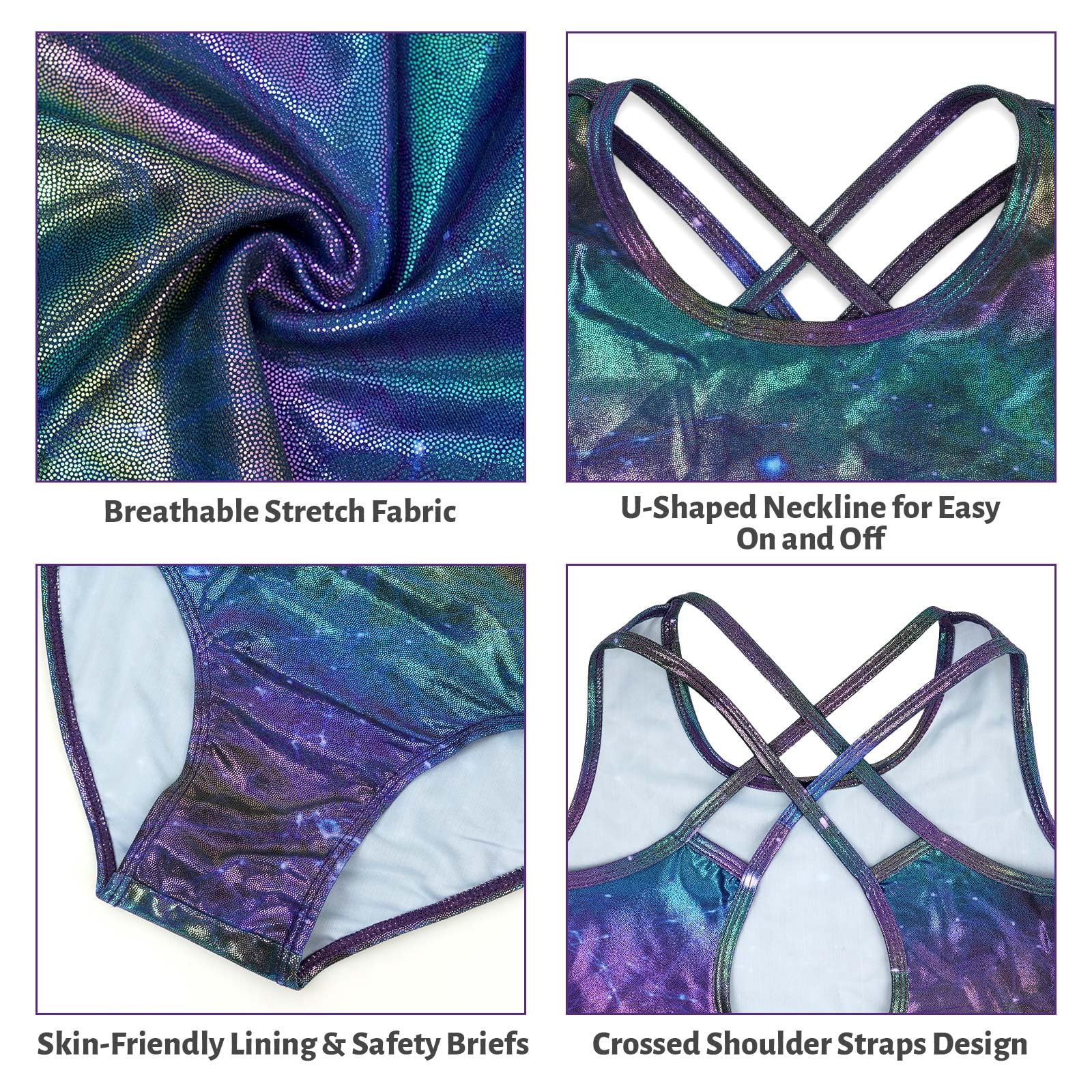 JiAmy Justaucorps gymnastique filles, 3 pièces tenue gymnastique body gymnastique brillant avec short et dos croisé pour enfants de 3 à 12 ans