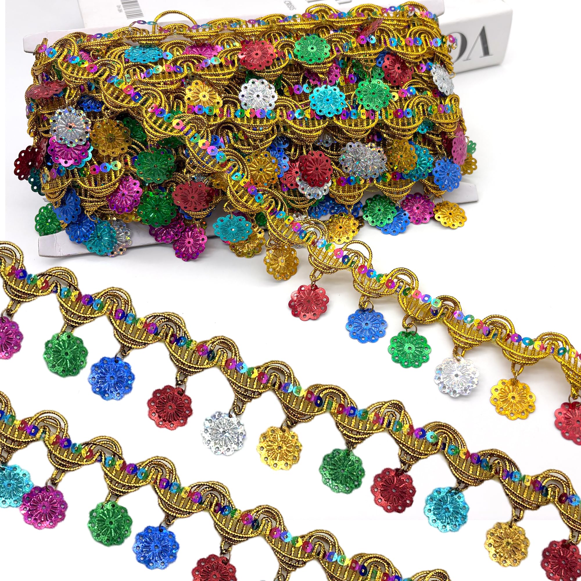 DHER Nastro decorativo con paillettes lungo 9 metri, nastro con paillettes da 45 mm, Tessuto Paillette Nastro Trim Nastri di paillettes Paillettes Bordo Tessuto paillettes (Oro + frange colorate)