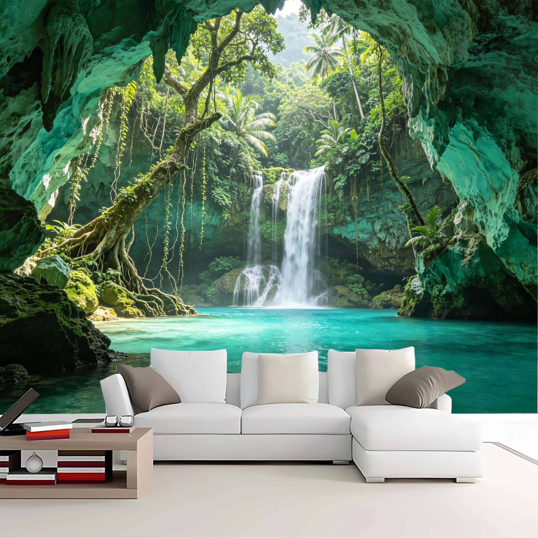 Custom Size Wall Mural Cave View Tropical Waterfall Removable Self Adhesive Peel and Stick Wallpaper for Bedroom Living Room Dining Room