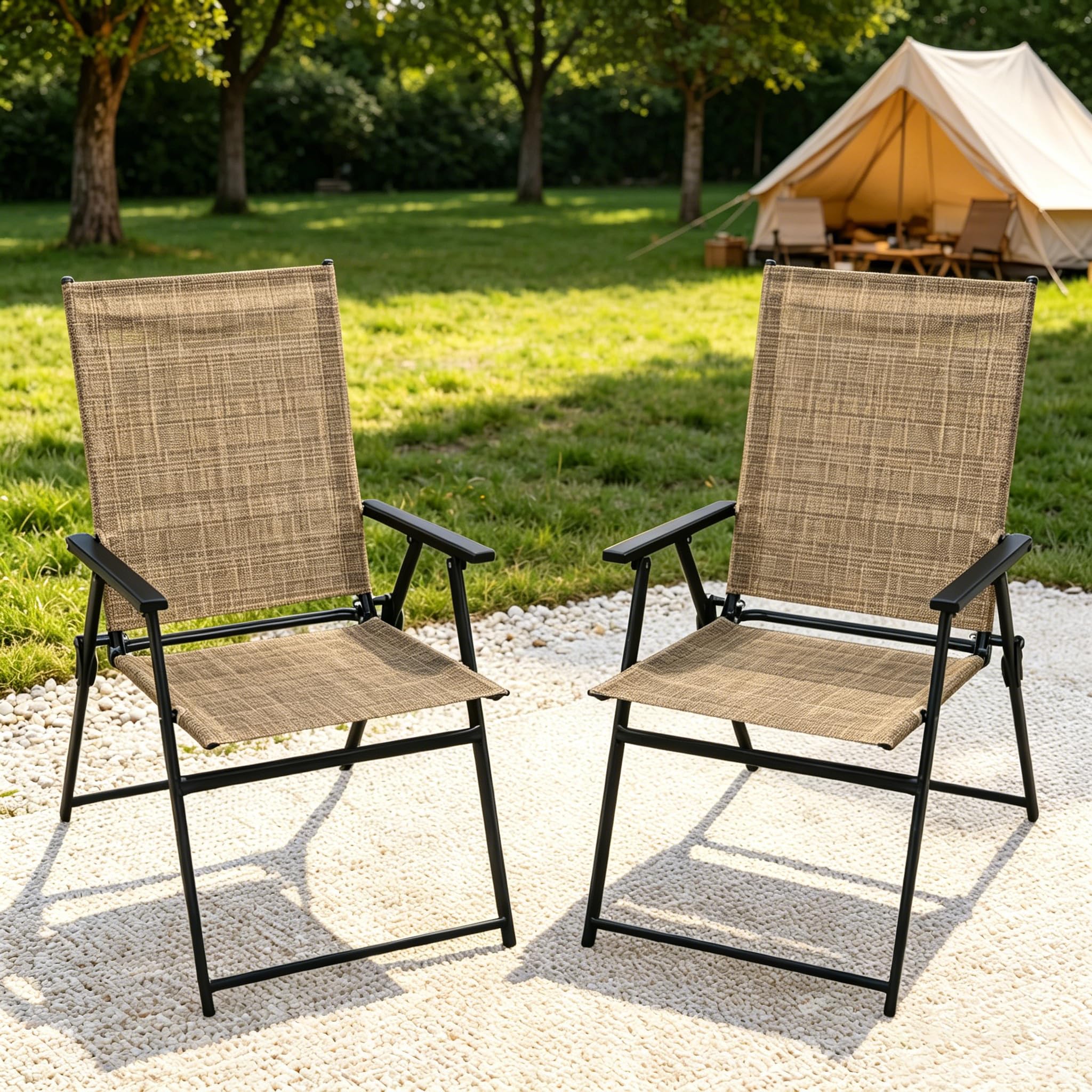 JMGJOY Folding Garden Chairs Set of 2 High Back Outdoor Patio Dining Chairs Portable Foldable Camping Chair Metal Steel Frame Max.113kg for Picnic, Camping, Fishing, Lawn, Yard, Beach, Brown