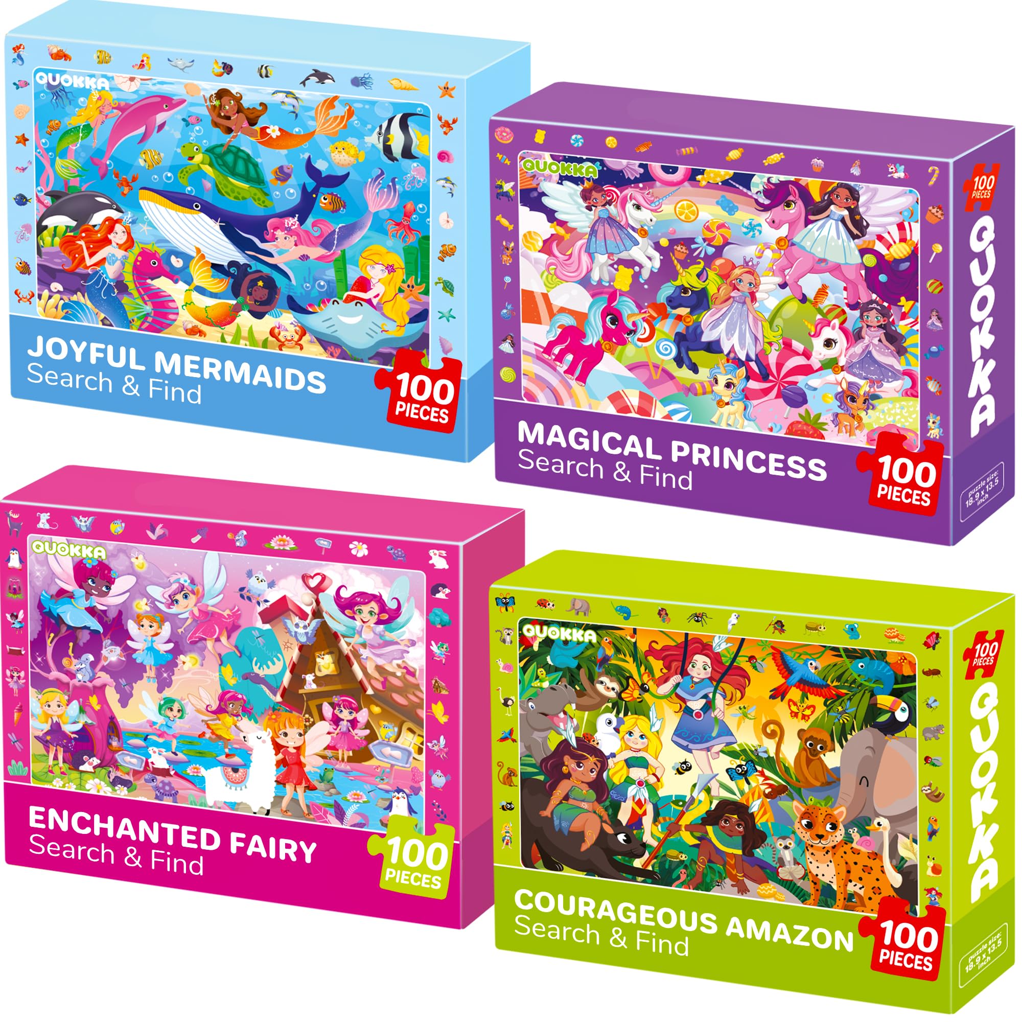 QUOKKA Princess Puzzles for Kids Ages 4-6 - Toddler Puzzles Ages 3-5 - 4-Pack 60 Piece Search and Find Jigsaw Puzzle 6-8 - Unicorn Mermaid Fairy