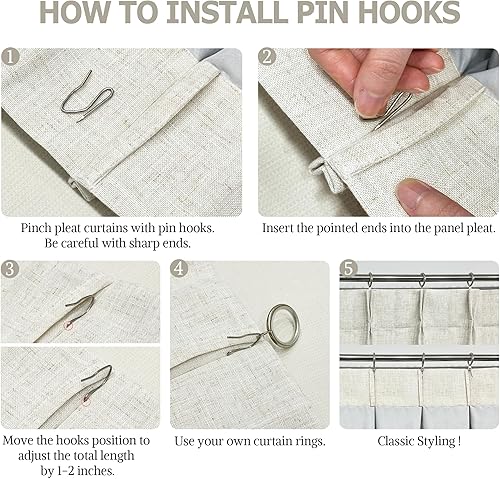 Miniatura 5 de Vision Home - Cortinas opacas plisadas completas, de mezcla de lino, para oscurecer habitaciones, aislamiento térmico, con ganchos, 2 paneles de 40