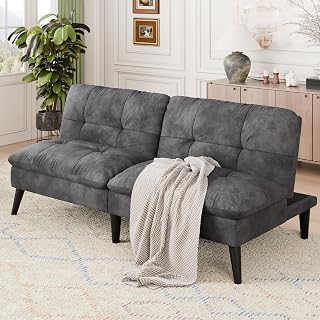 Shintenchi Convertible Futon Sofa Bed, Folding Velevt Set with Adjustable Backrest Recliner Lounge for Living Room, Apartment or Office, Solid Wood Frame, 3-Seater Sofa, Dark Grey