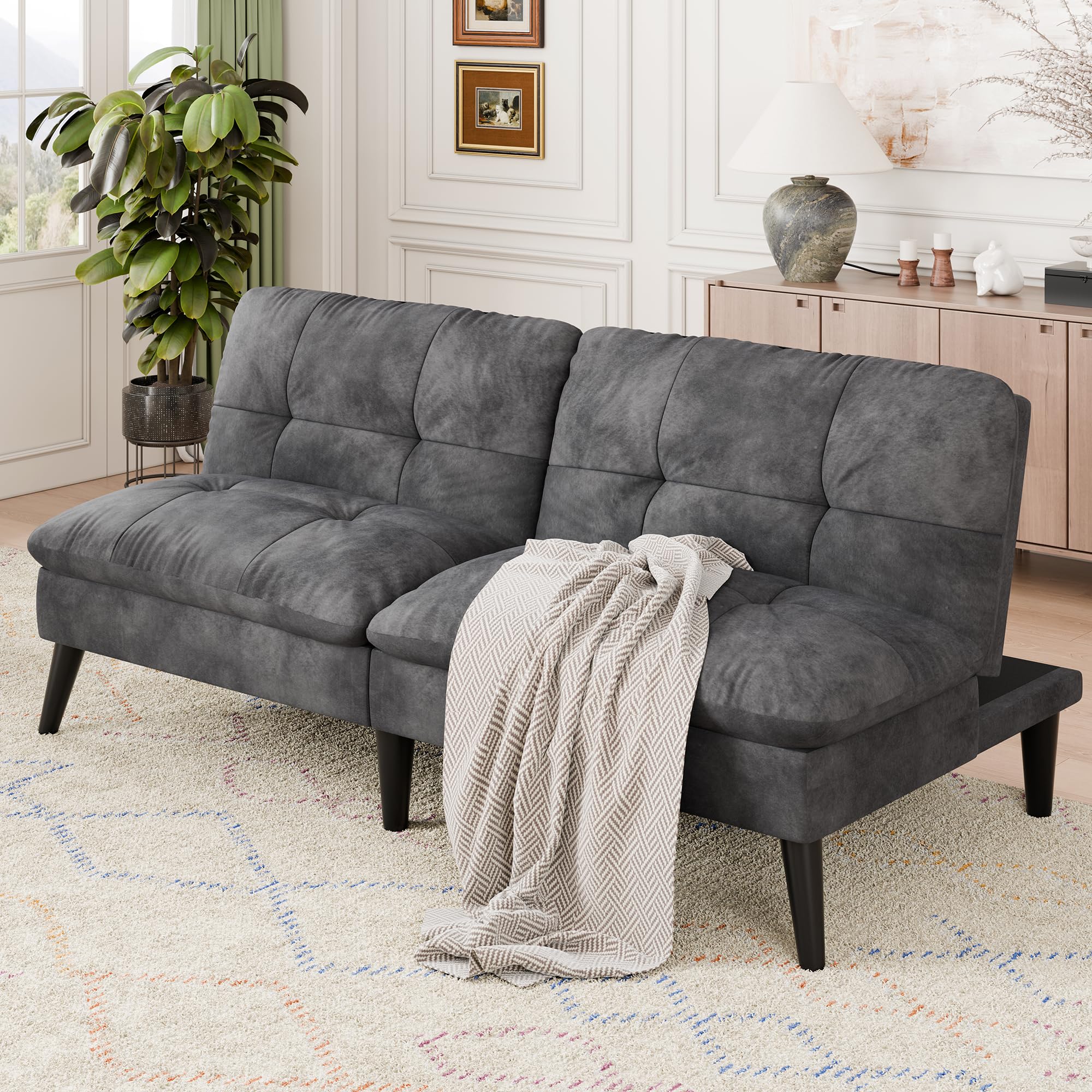 Vongrasig Futon Sofa Bed Velvet Futon Couch with Adjustable Backrest, Small Convertible Folding Sleeper Sofa Bed, Modern Loveseat for Living Room, Bedroom and Small Space, (Gray)