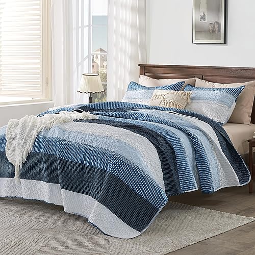 Miniatura 3 de Andency - Juego de colcha a rayas azul marino cal king (104 x 112 pulgadas), 3 piezas (1 colcha y 2 fundas de almohada), juego de cubrecama de