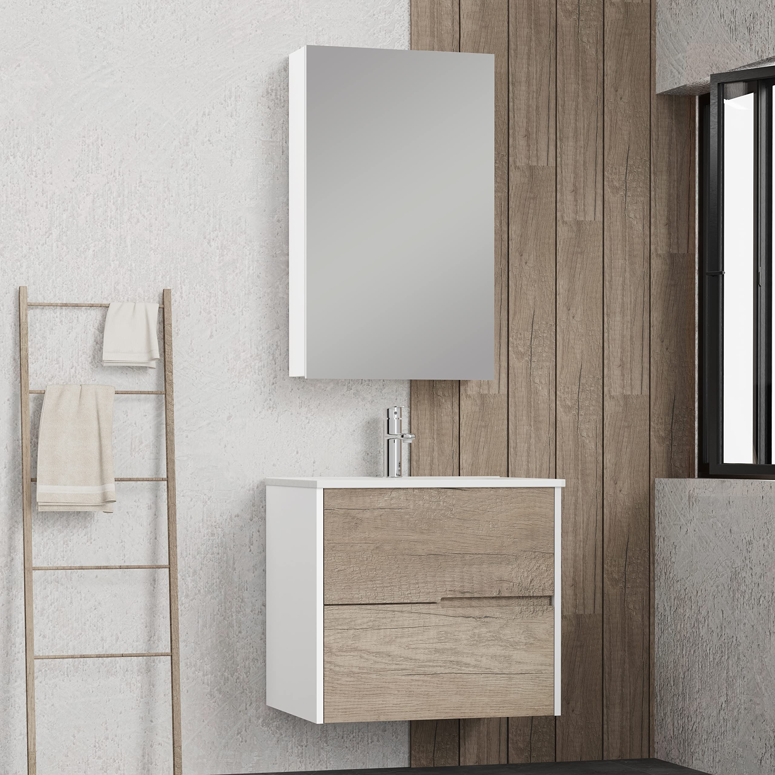 Baikal Mueble Camerino con Espejo, Armario Auxiliar de Baño Multiusos, Opción con o sin Luz LED. Mueble de Pared de fácil colocación. Armario MONTADO. Acabado Blanco. Camerino 48 cm