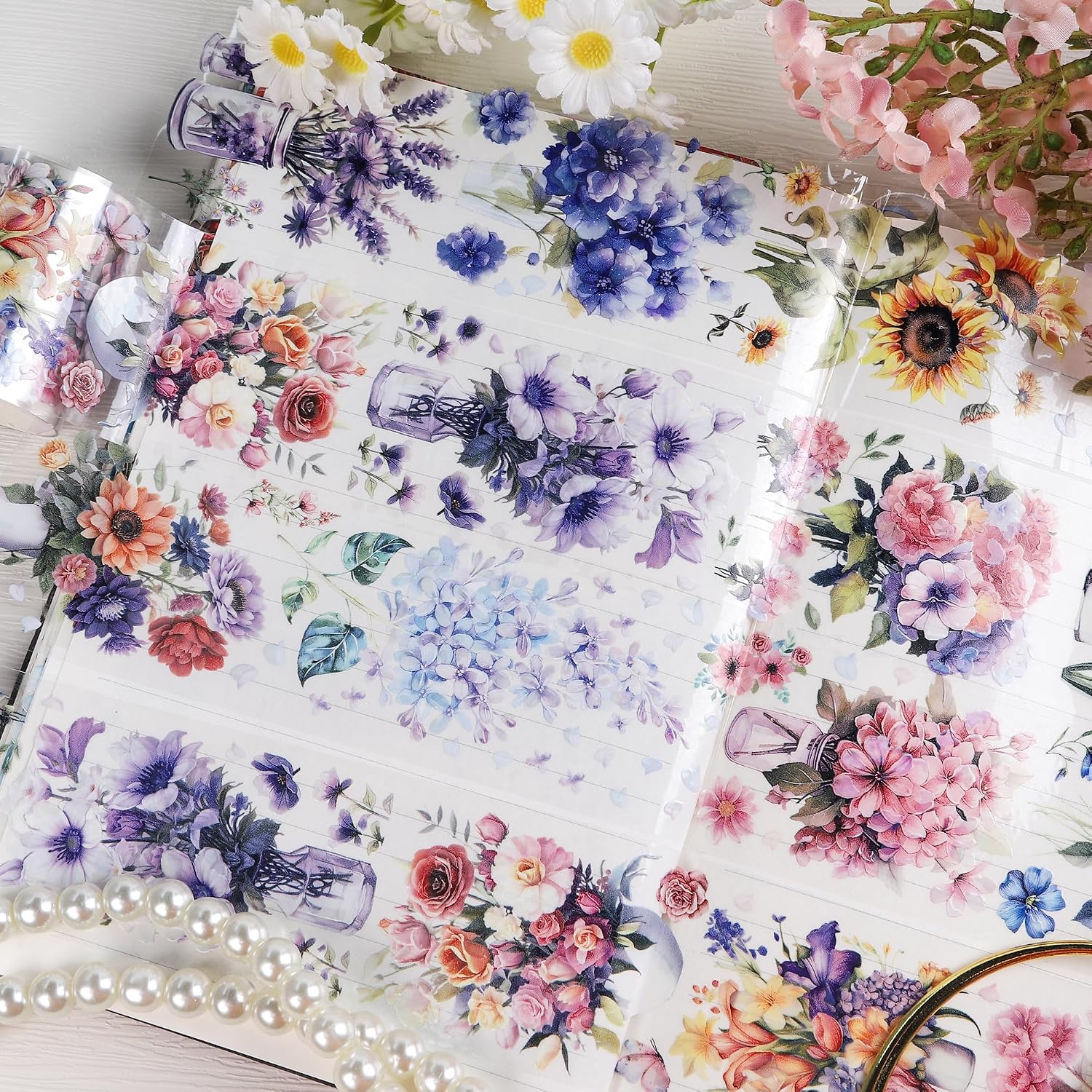 Sitsink Journaling Scrapbook PET Tapes - Floral Scrapbooking Junk Journal Supplies, Flower Decorative Tapes for Art Crafts, Aesthetic Washi Tapes Scrapbooking Supplies, Floral Journaling Tapes image 3