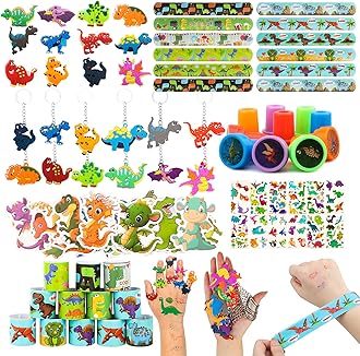 108Pcs Dinosaur Party Favors Dinosaur Stamps Slap Bracelets Keychains Rings Stickers Temporary Tattoos for Kids Birthday Party Supplies, Carnival Prizes, Prize Box Gift, Pinata Goodie Bag Fillers