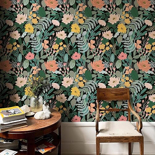 Miniatura 10 de HueBurst Papel tapiz floral oscuro para despegar y pegar, papel tapiz vintage para sala de estar, 17.3 x 118 pulgadas, papel tapiz floral de crayón