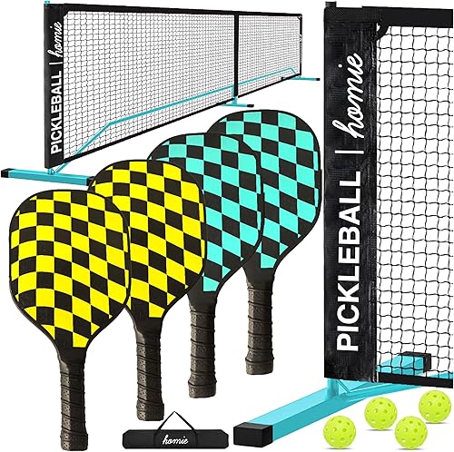 Homie Set de red portátil de pickleball con 4 raquetas, 4 bolas, bolsa de transporte tipo mochila, tamaño de regulación de 22 pies, fácil de montar