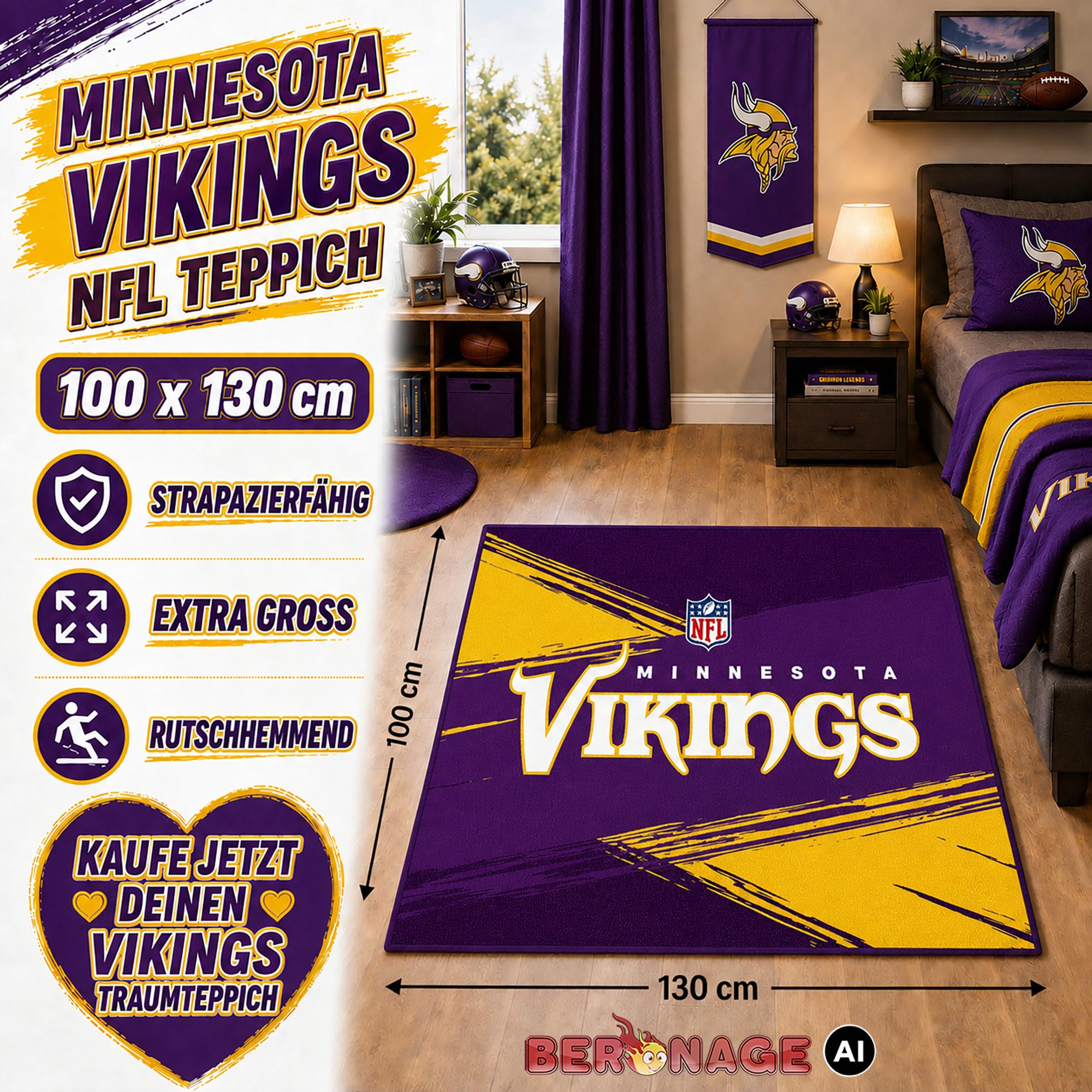 BERONAGE Minnesota Vikings dywan piłkarski NFL 100 x 130 cm - Skol Nation
