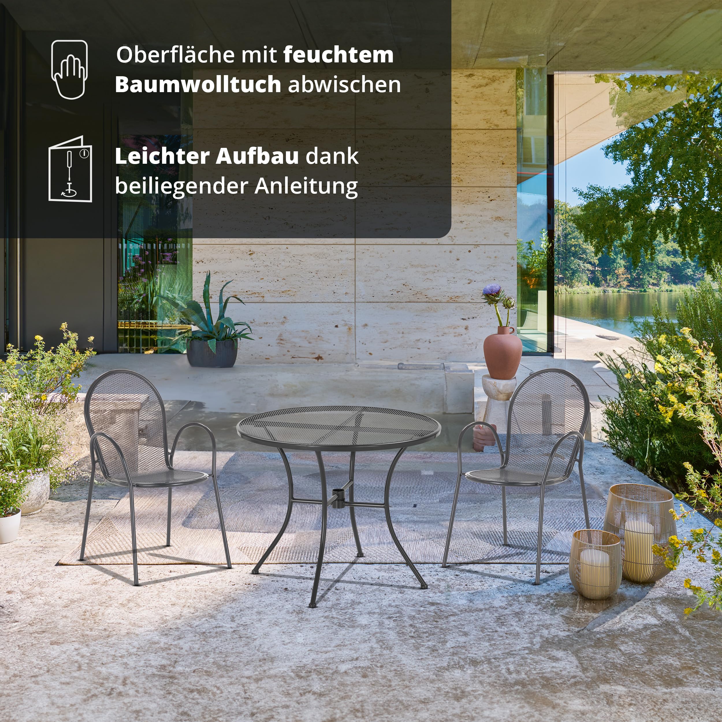 KHG Gartentisch Anthrazit, wetterfestes Eisen-Gestell, für 2 Personen, runder Balkontisch, Outdoor 71x90x90 cm, 50 kg belastbar