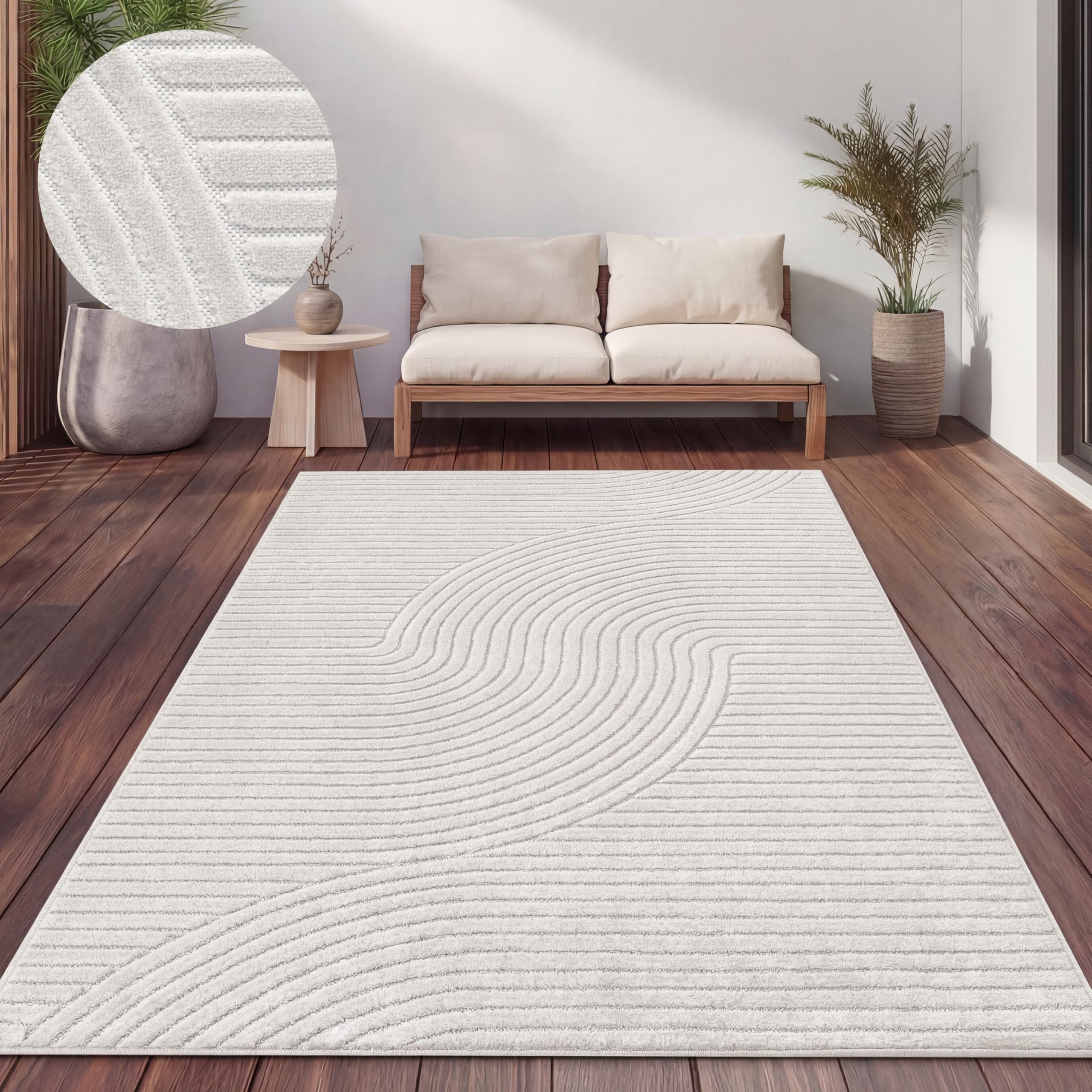 Paco Home Teppich Outdoor Wetterfest, Moderne abstrakte Boho Designs mit 3D Struktur, Pflegeleicht, ideal für Terrasse Wohnzimmer & Küche, Grösse:240x340 cm, Farbe:Creme 2