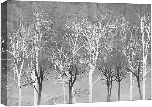 wall26 Lienzo impreso para pared, silueta de árbol de invierno gris y blanco, paisaje, naturaleza, ilustraciones de área silvestre, arte moderno,