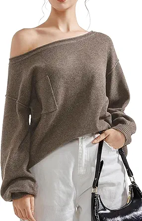SUUKSESS Women Off The Shoulder Fall Sweaters Long Sleeve Boat Neck Oversized Pullover Sweater Tops