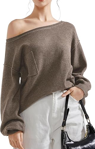 SUUKSESS Women Off The Shoulder Fall Sweaters Long Sleeve Boat Neck Oversized Pullover Sweater Tops
