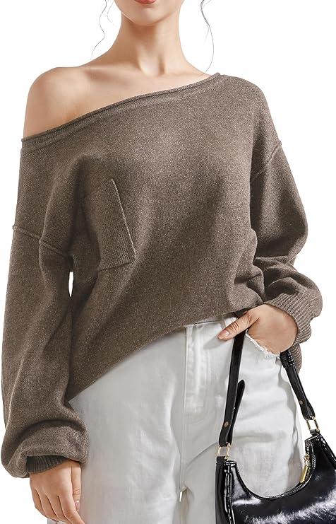 SUUKSESS Women Off The Shoulder Fall Sweaters Long Sleeve Boat Neck Oversized Pullover Sweater Tops