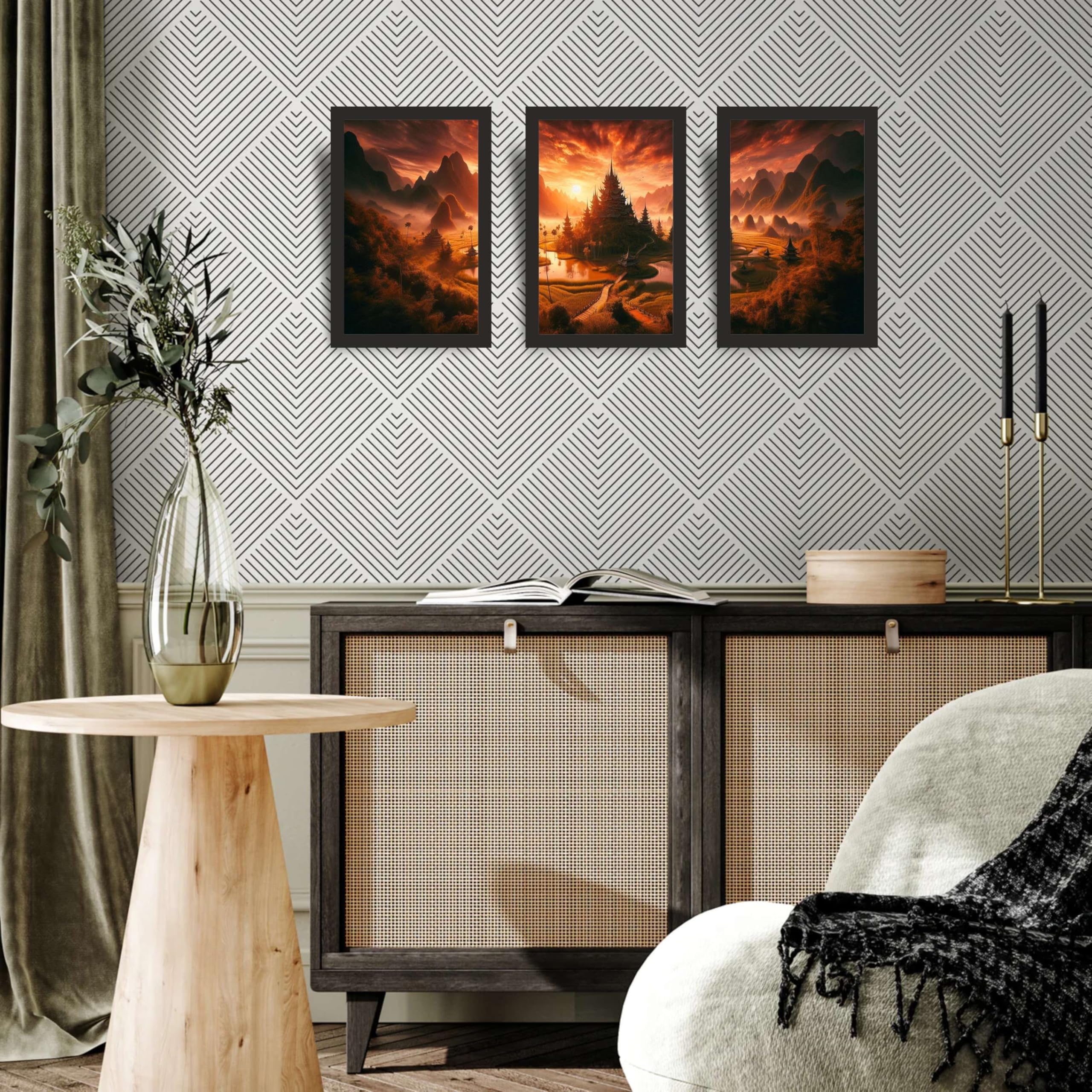 Sunset Asian Landscape Wall Art Frame Set of 3