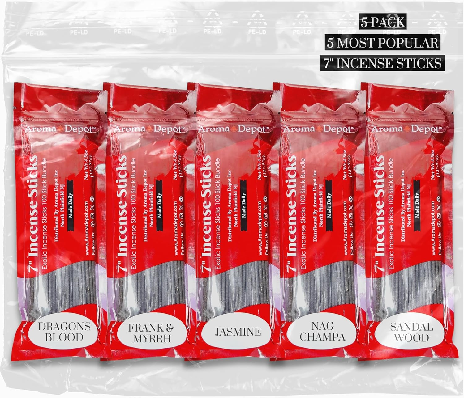 Aroma Depot 5 Most Popular 7'' Incense Sticks - Variety Set 500 Pack - 7 Inch Long - 5 Bundles of 85-100 Sticks Per Bundle. Dragon's Blood - Frank & Myrrh - Nag Champa - Jasmine - Sandalwood.