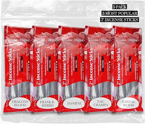 Aroma Depot 5 varillas de incienso más populares de 7 pulgadas, juego variado de 500 unidades, 7 pulgadas de largo, 5 paquetes de 85 a 100 varillas