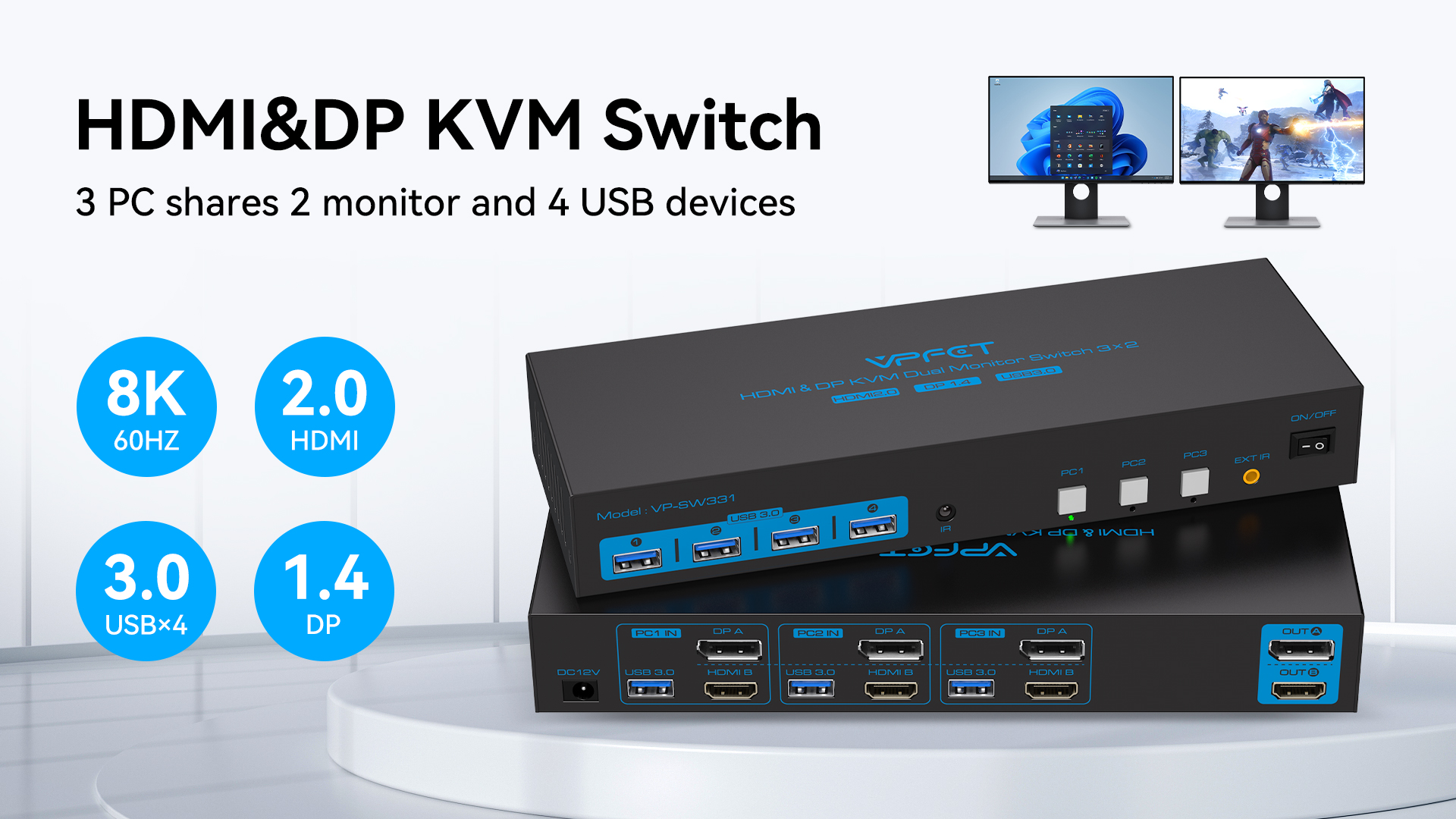 8K@60Hz HDMI Displayport KVM Switch 2 Monitors 3 Computers 4K