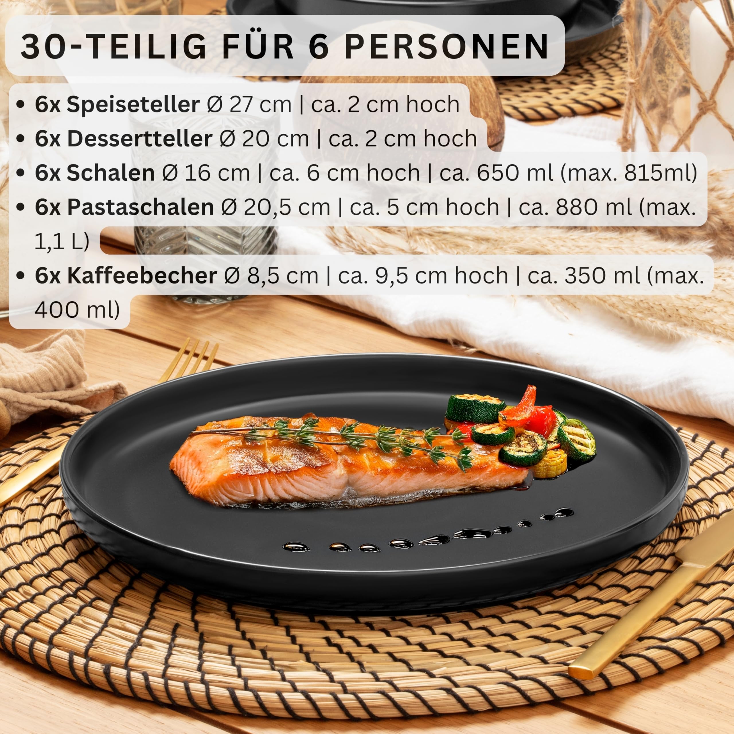 SÄNGER Madeira | Kombiservice 6 Personen, Teller Set matt Kaffeebecher Pastaschalen 30 tlg, Steingut Geschirr Set spülmaschinen- mikrowellen, Geschirrset aus Steingut schwarz | VALUE COLLECTION
