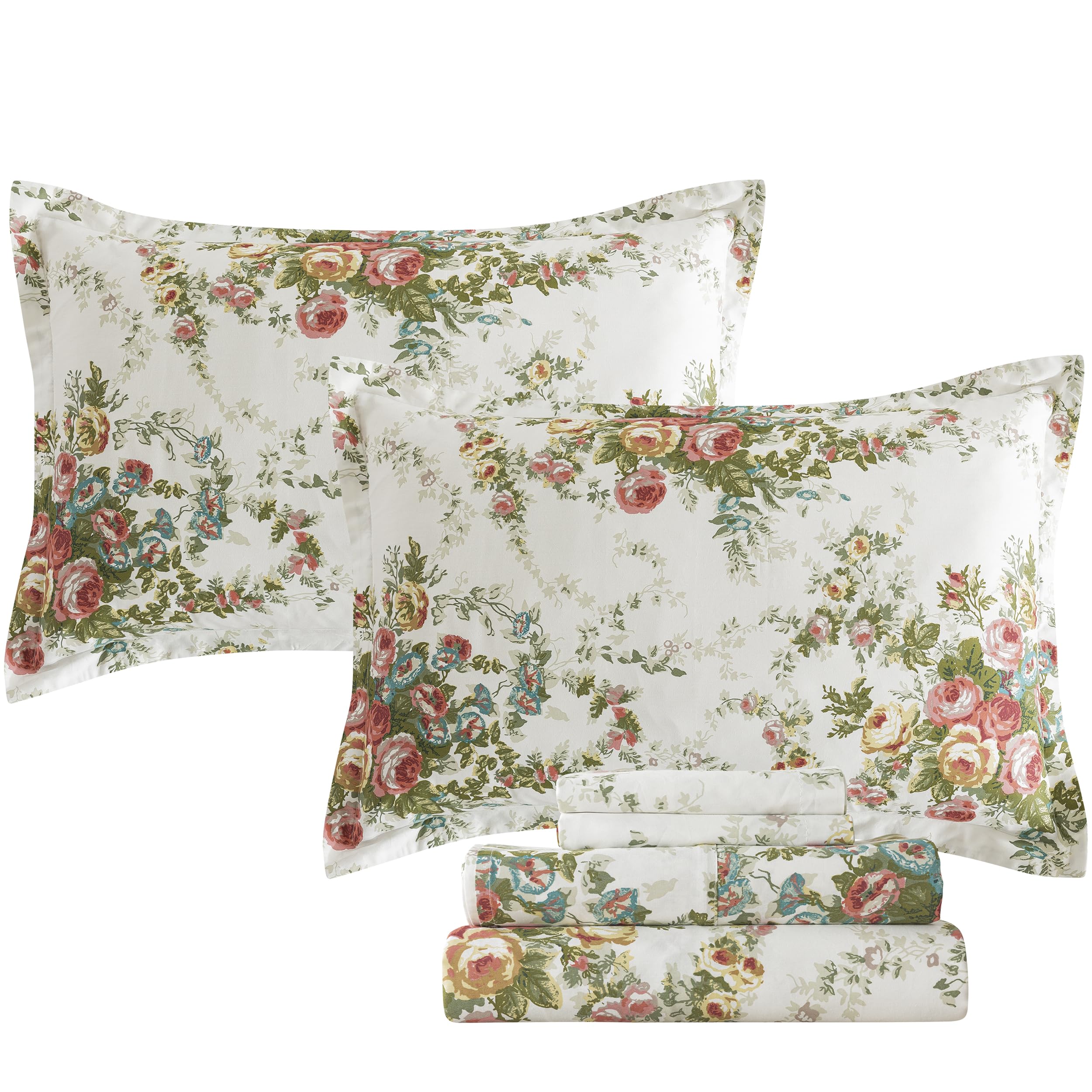 FADFAY Twin XL Sheet Set, 100% Cotton Romantic Rose Floral Bedding, 4pcs Soft Vintage Farmhouse Style, Deep Pocket Fitted Sheet, Off White Bed Sheets