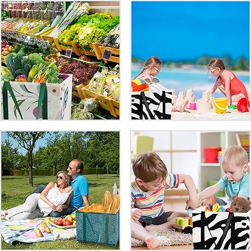 Miniatura 7 de Paquete de 3 bolsas de comestibles reutilizables, bolsas de compras resistentes con parte inferior dura, forma de caja para ponerse de pie, plegarse