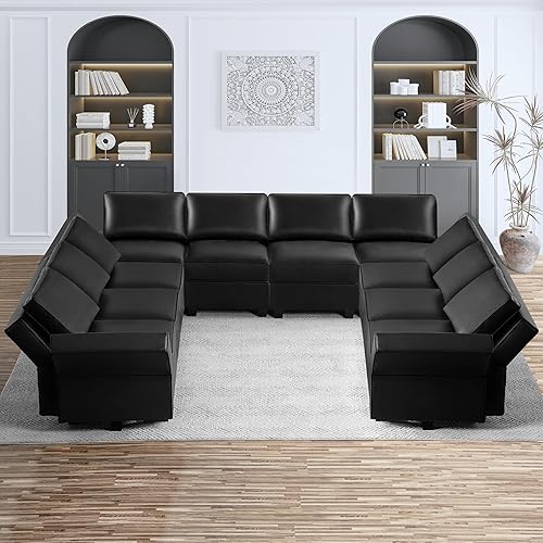 Naomi Home Sarah Sofá modular con asientos de almacenamiento, sofá seccional de cuero de aire de 10 plazas para sala de estar, color negro