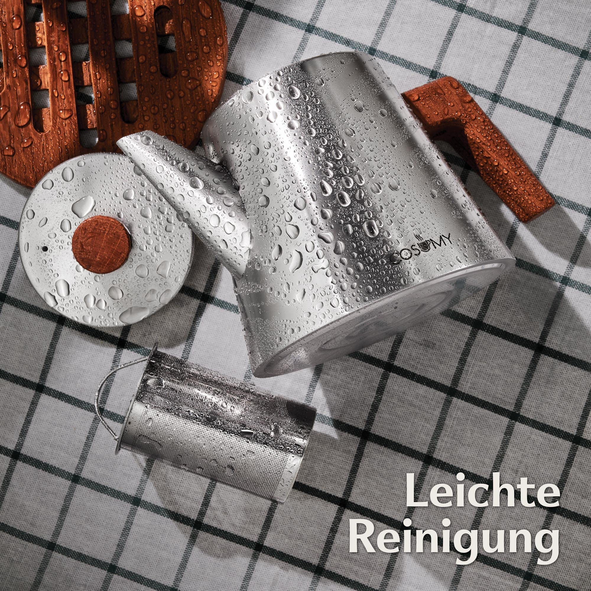 Cosumy Teekanne mit Siebeinsatz und Untersetzer - Dickes Edelstahl - Induktion & alle anderen Herdarten - 1200ml - Thermo Teekanne Metall mit Warmhaltefunktion