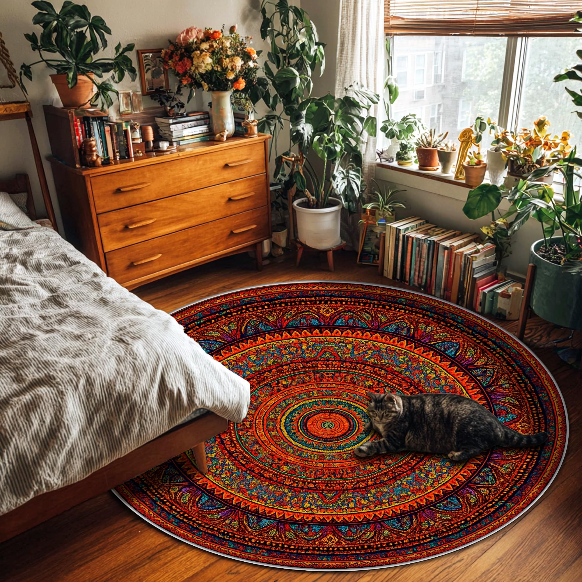 Tapis mandala bohème ethnique, floral, géométrique, été, rouge, dos antidérapant, tapis de sol pour salon, chambre à coucher, nouvelle maison, salle à manger, 1,8 x 1,8 m
