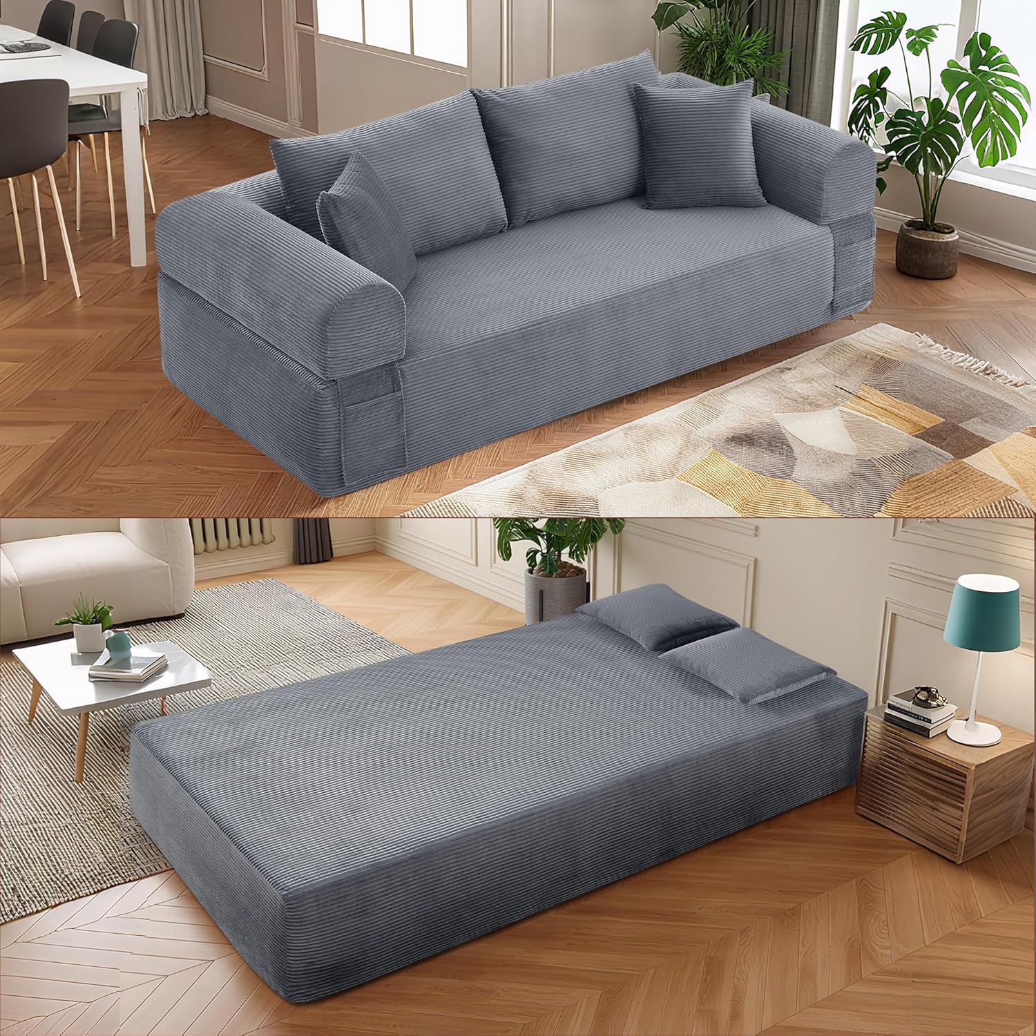 83" Modern Sofa in a Box, No Assembly Oversized 3 Seater 28" Deep Seat Cloud Sofa Bed Couch with 4 Furry Pillows & Corduroy Fabric, Boneless Couch with Side Storage Pockets for Living Room, Dark Grey
