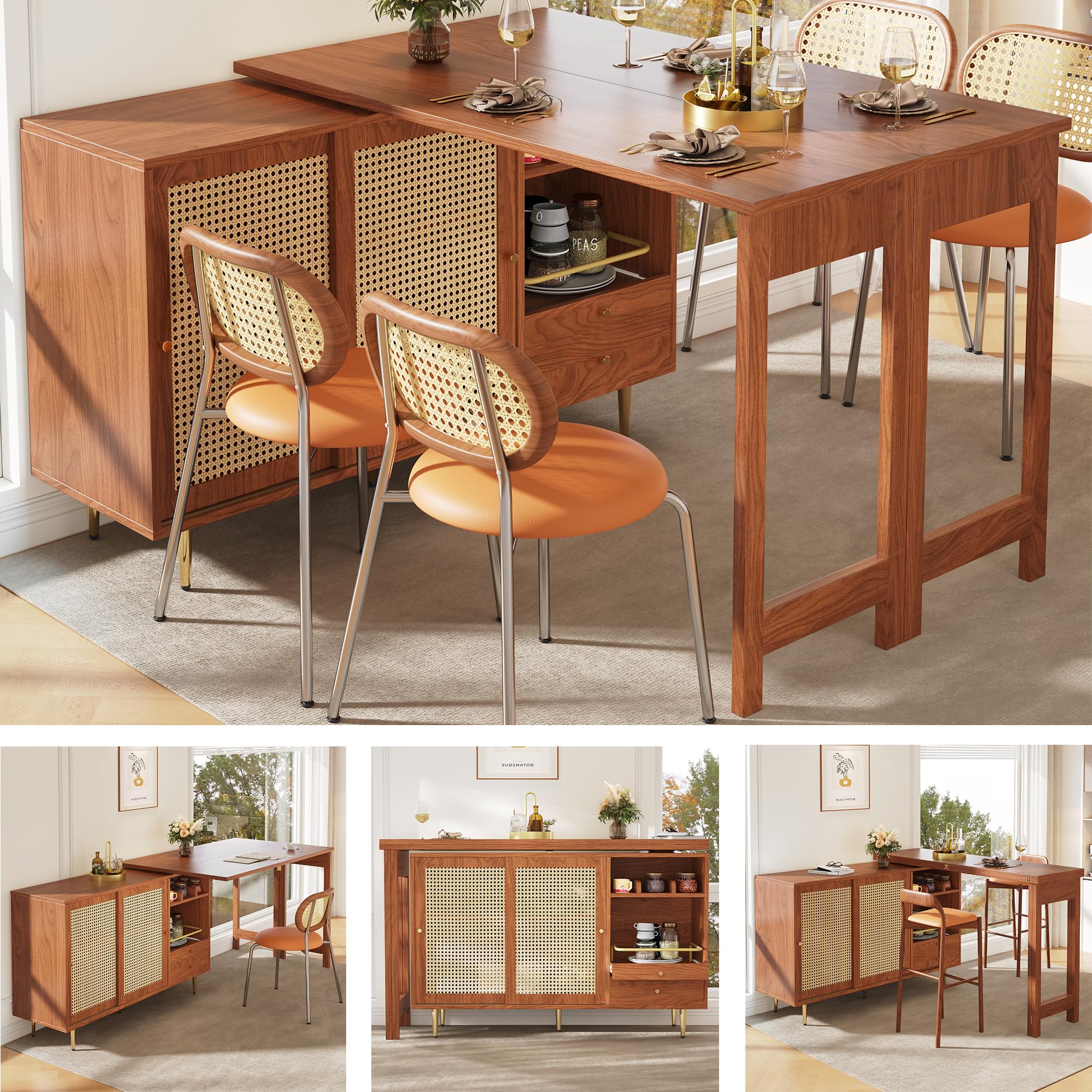 Merax Ausziehbarer Bartisch mit Stauraum, Um 360° drehbarer Stehtisch mit klappbarem Esstisch, schwarzer ausziehbarer Design-Stehtisch, mit Rattantür & Lagerregal, Braun/120-187X80X76CM