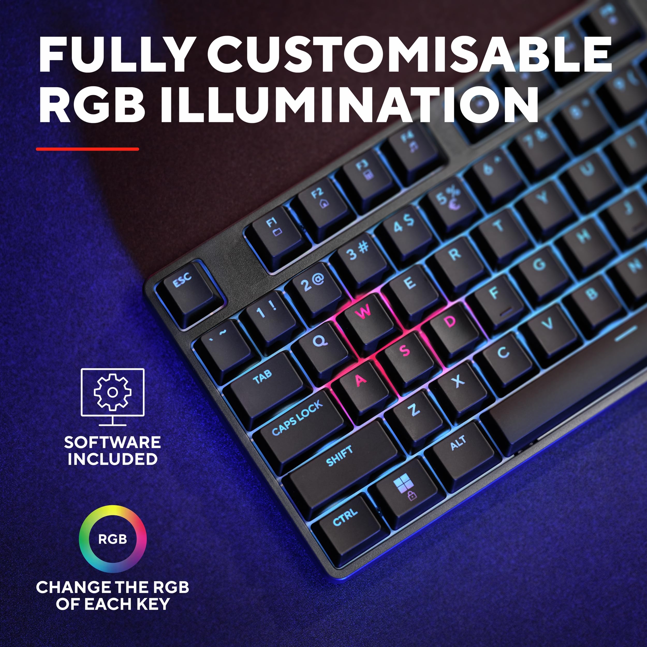 GXTrust 864 Klawiatura mechaniczna Cada TKL włoski układ QWERTY z oświetleniem RGB, przełączniki Huano Brown, oprogramowanie w zestawie, kompaktowa programowalna klawiatura do gier USB 80% PC Laptop