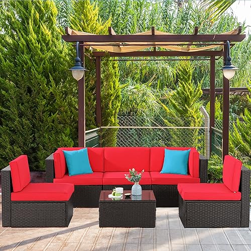 Shintenchi 6 Pieces Patio Furniture Sets Outdoor All-Weather Sectional Patio Sofa Set PE Rattan Manual Weaving Wicker Patio Conversation Set with Glass Table&Ottoman Cushion and Red Pillows, Red