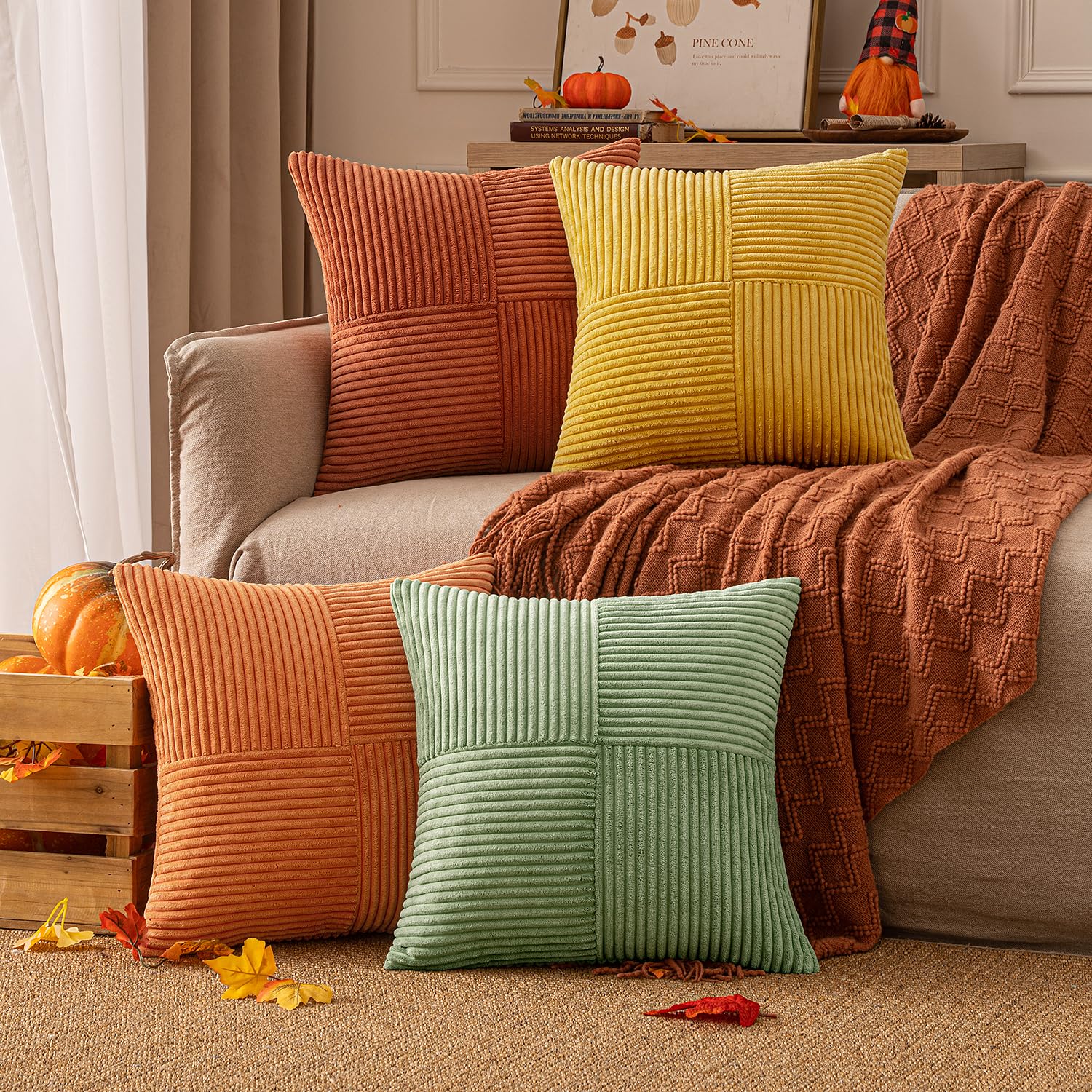 EMEMA Kissenbezug Kordsamt 4er Set Patchwork Kissenhülle Dekokissen Sofakissen Kord Dekorative Kissen
