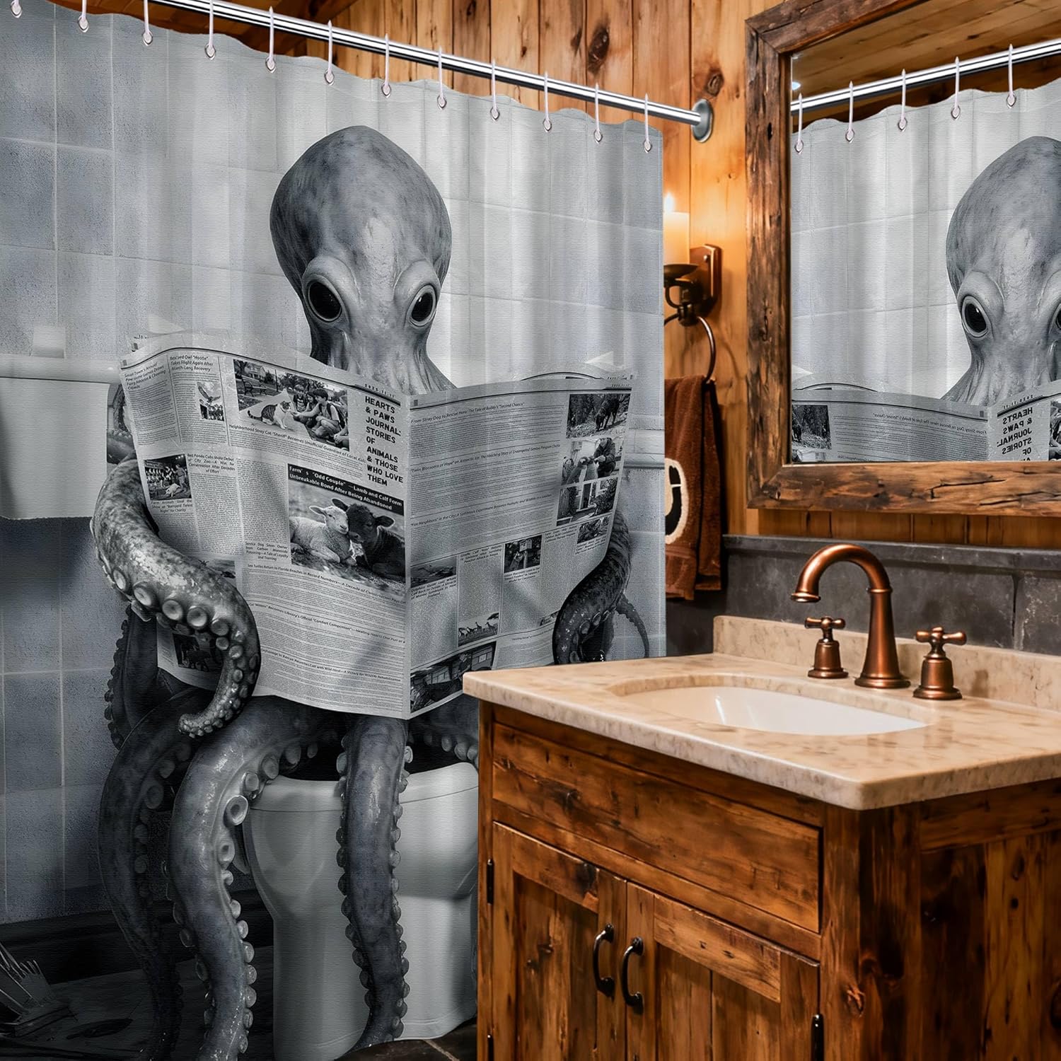 Funny Octopus Shower Curtain Kraken Cool Teen Fish Shower Curtain for Mens Bathroom Decor Sets, Waterproof Cloth Fabric with Hooks, 72x84 Inch