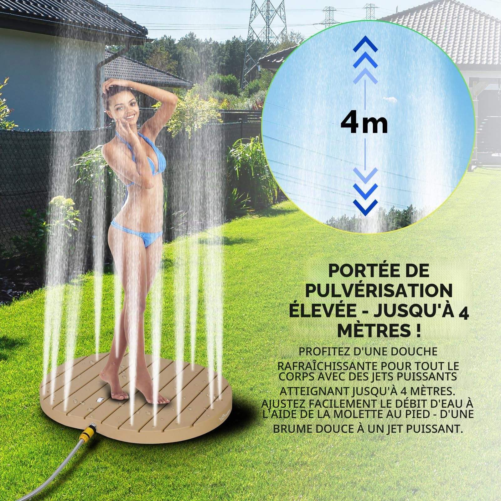 CCLIFE Douche De Jardin Extérieure avec roulettes Au Sol, Hauteur De La Fontaine 4m, PP, Antidérapant, pour Ie Jardin Camping, Bois