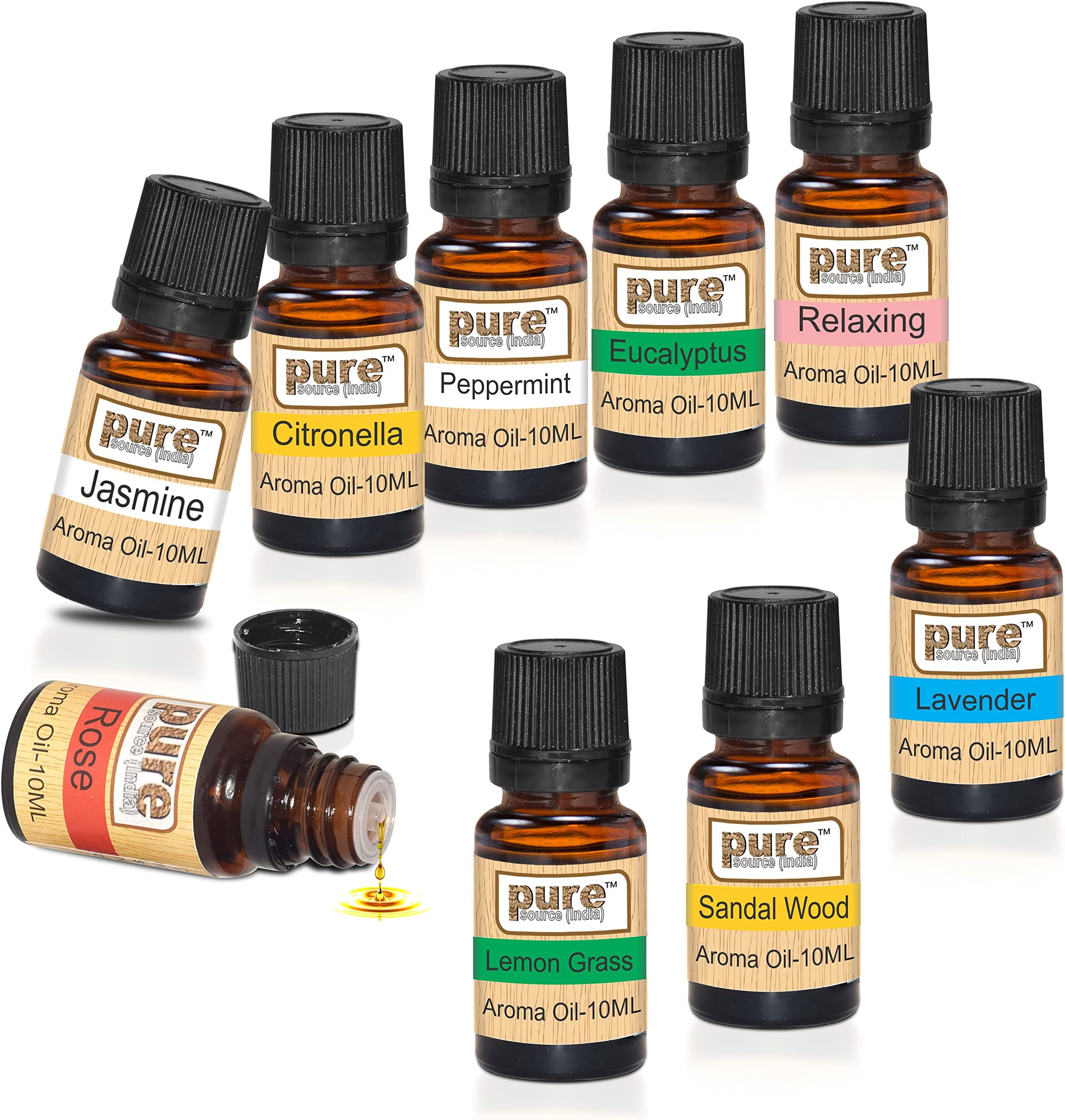 Pure Source India Set of 9 Bottle Aroma Oil Assorted 9 Fragrances 10 ML Each.